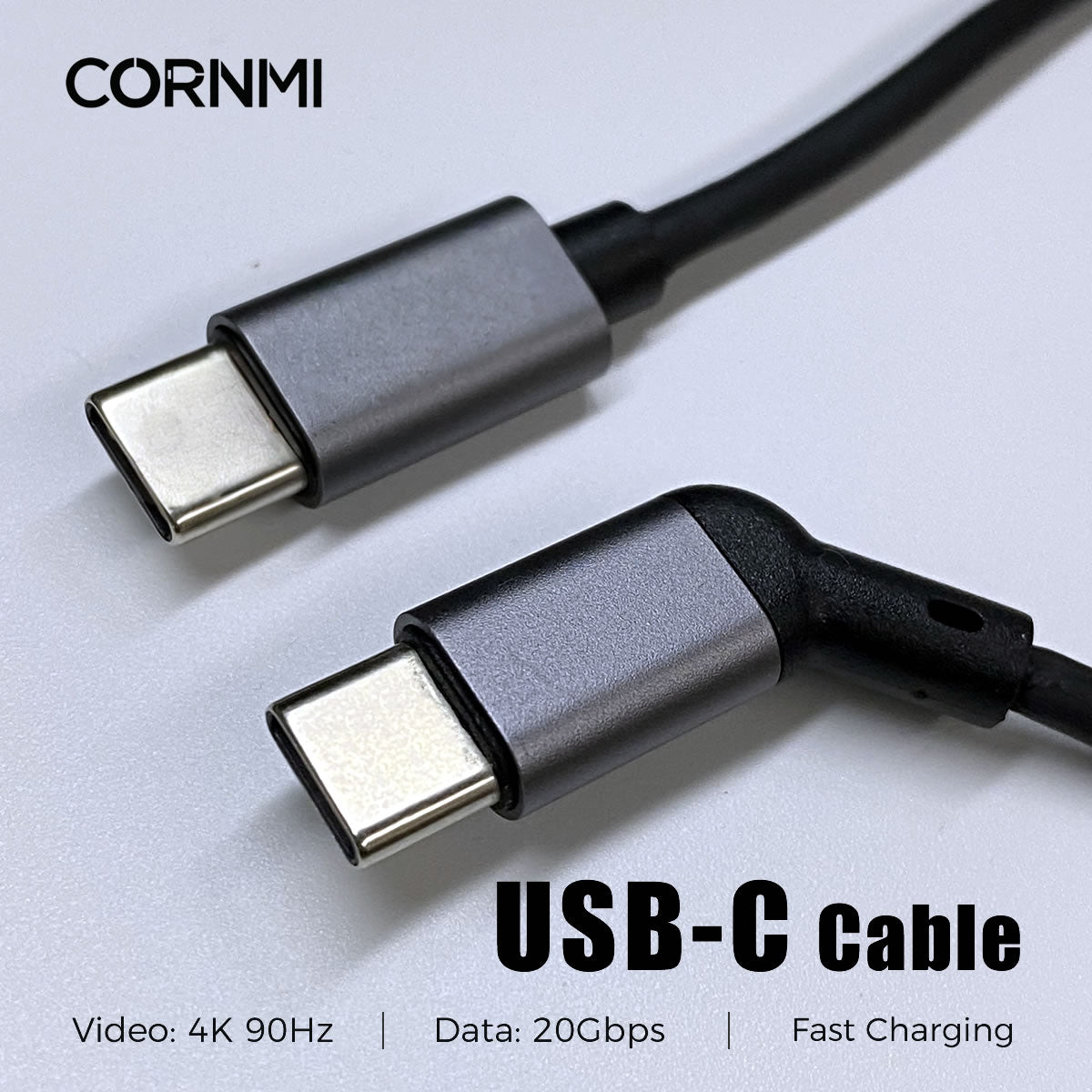 CORNMI USB-C Cable, Fast Charging & 4K@90Hz Video & 20Gbps Data Transfer, 80cm/31.5in Straight to Angled Connectors with Cable Tie